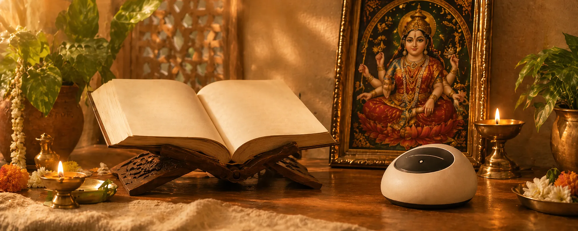 A puja setup with Reca nearby